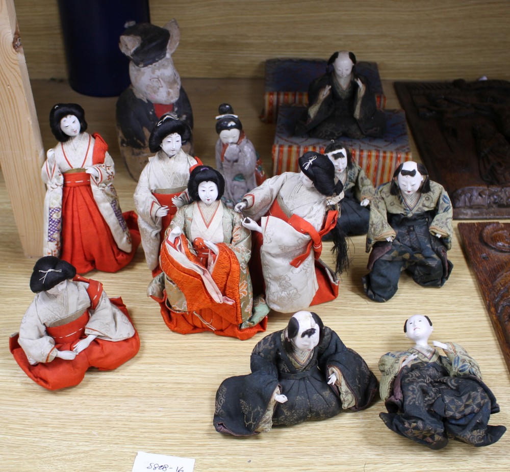 A set of five Japanese late Meiji period Hinamatsuri lacquered wood and fabric female dolls and five similar male dolls, all kneeling w